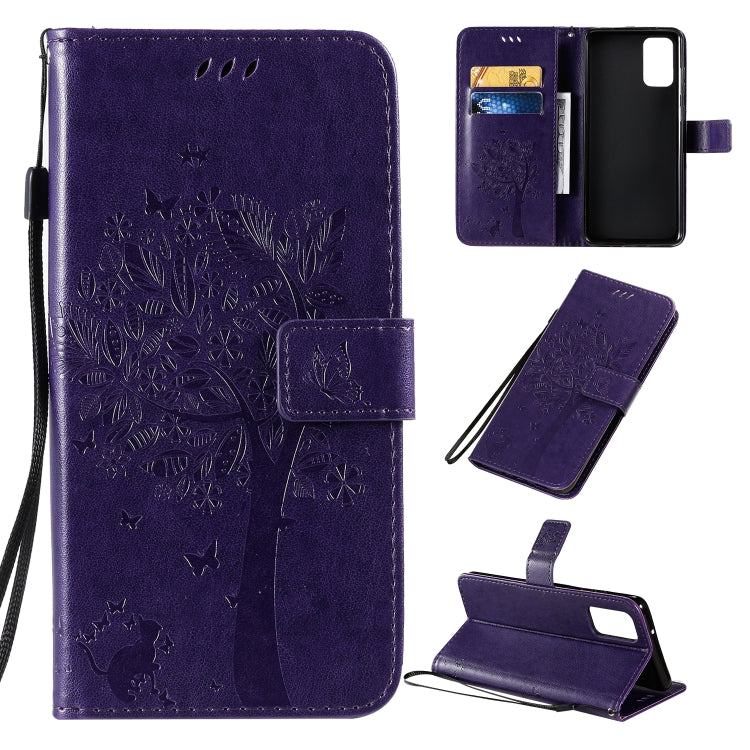 Tree & Cat Pattern Pressed Printing Horizontal Flip PU Leather Case with Holder & Card Slots & Wallet & Lanyard, For Galaxy S20+, For Galaxy S20 Ultra