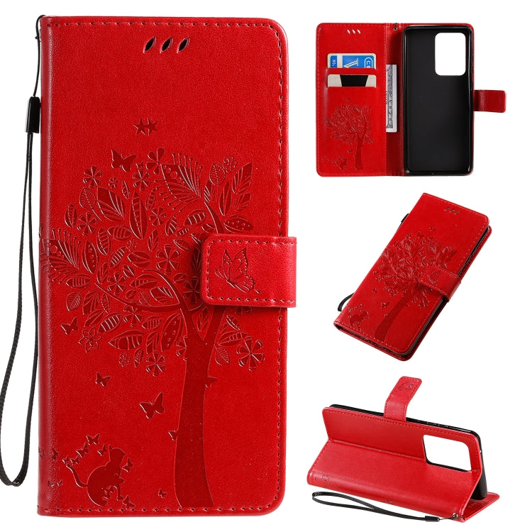 Tree & Cat Pattern Pressed Printing Horizontal Flip PU Leather Case with Holder & Card Slots & Wallet & Lanyard, For Galaxy S20+, For Galaxy S20 Ultra