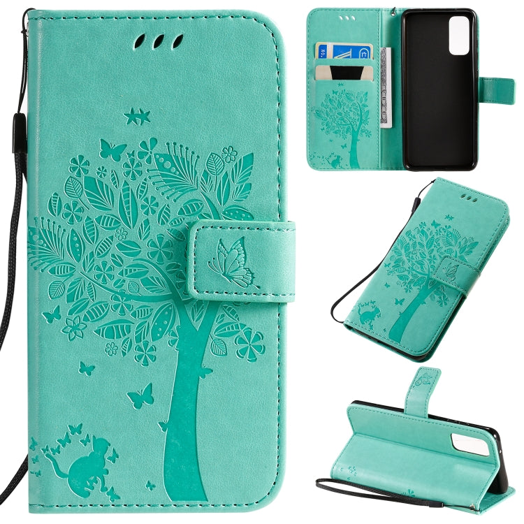 Tree & Cat Pattern Pressed Printing Horizontal Flip PU Leather Case with Holder & Card Slots & Wallet & Lanyard, For Galaxy S20