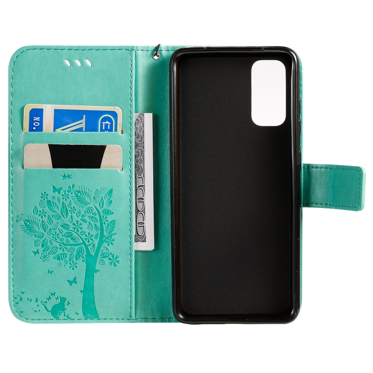 Tree & Cat Pattern Pressed Printing Horizontal Flip PU Leather Case with Holder & Card Slots & Wallet & Lanyard, For Galaxy S20