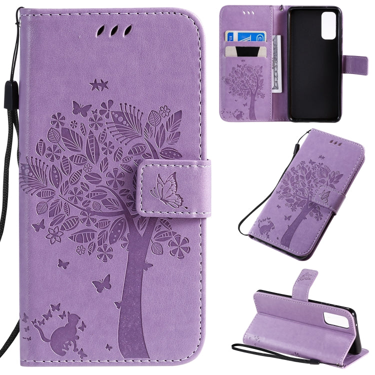 Tree & Cat Pattern Pressed Printing Horizontal Flip PU Leather Case with Holder & Card Slots & Wallet & Lanyard, For Galaxy S20