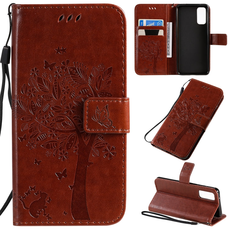 Tree & Cat Pattern Pressed Printing Horizontal Flip PU Leather Case with Holder & Card Slots & Wallet & Lanyard, For Galaxy S20