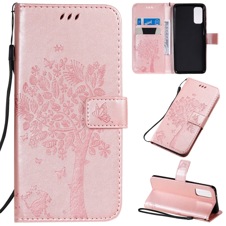 Tree & Cat Pattern Pressed Printing Horizontal Flip PU Leather Case with Holder & Card Slots & Wallet & Lanyard, For Galaxy S20