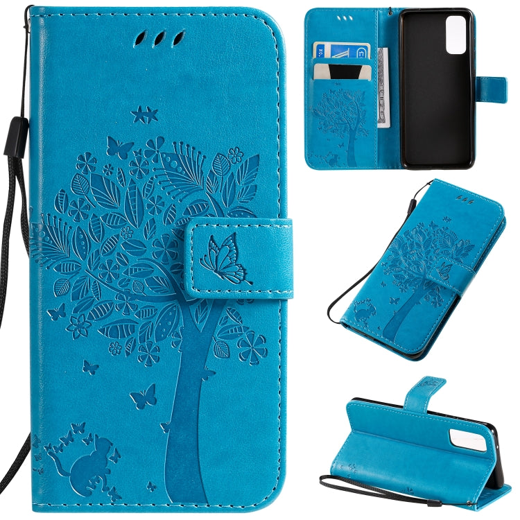 Tree & Cat Pattern Pressed Printing Horizontal Flip PU Leather Case with Holder & Card Slots & Wallet & Lanyard, For Galaxy S20