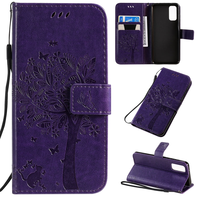 Tree & Cat Pattern Pressed Printing Horizontal Flip PU Leather Case with Holder & Card Slots & Wallet & Lanyard, For Galaxy S20
