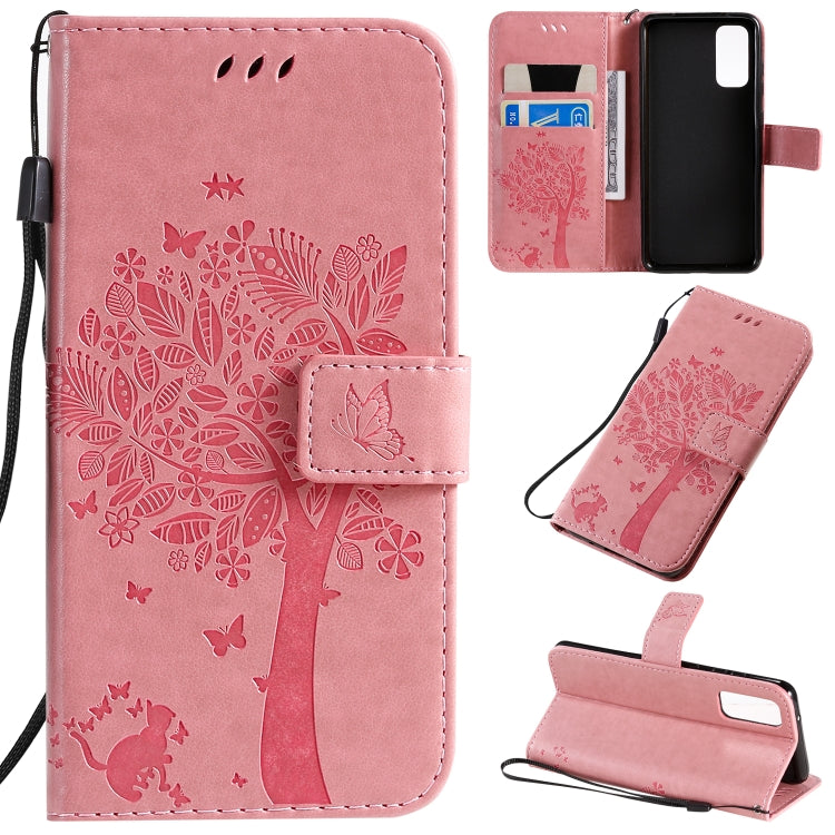 Tree & Cat Pattern Pressed Printing Horizontal Flip PU Leather Case with Holder & Card Slots & Wallet & Lanyard, For Galaxy S20