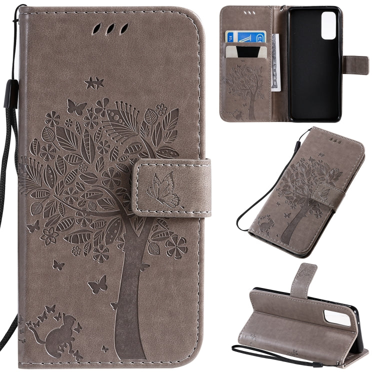 Tree & Cat Pattern Pressed Printing Horizontal Flip PU Leather Case with Holder & Card Slots & Wallet & Lanyard, For Galaxy S20