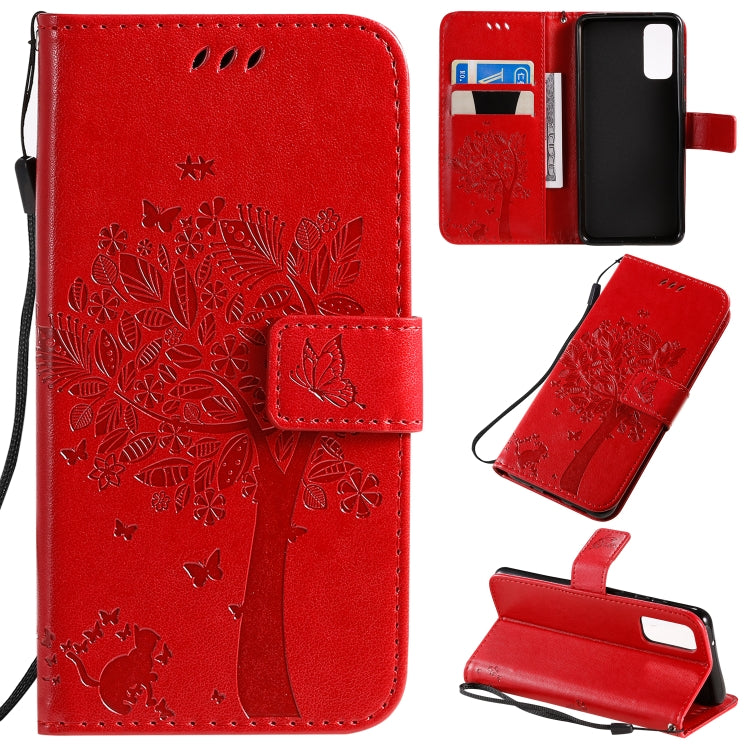 Tree & Cat Pattern Pressed Printing Horizontal Flip PU Leather Case with Holder & Card Slots & Wallet & Lanyard, For Galaxy S20