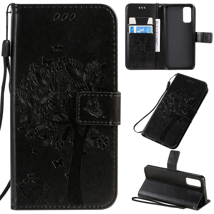 Tree & Cat Pattern Pressed Printing Horizontal Flip PU Leather Case with Holder & Card Slots & Wallet & Lanyard, For Galaxy S20