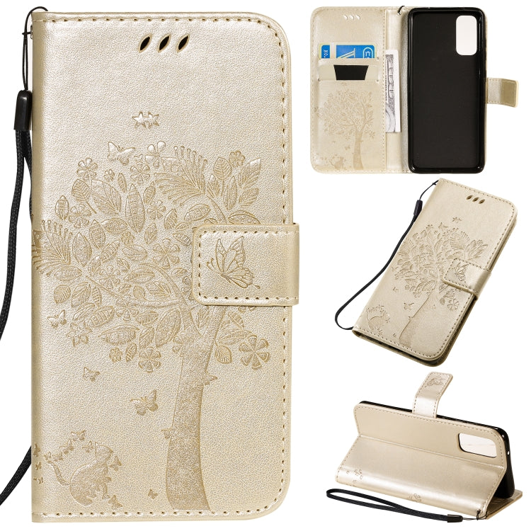 Tree & Cat Pattern Pressed Printing Horizontal Flip PU Leather Case with Holder & Card Slots & Wallet & Lanyard, For Galaxy S20
