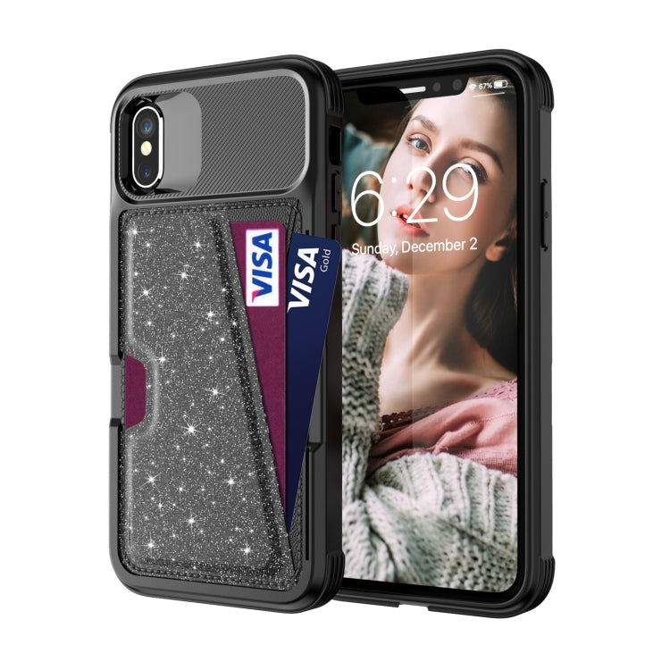 Glitter Magnetic Card Bag Leather Case, For iPhone X / XS, For iPhone XR, For iPhone XS Max, For iPhone SE 2022 / SE 2020 / 7 / 8, For iPhone 8 Plus / 7 Plus / 6 Plus