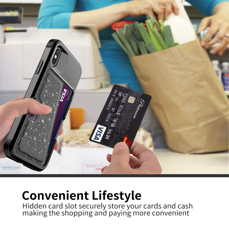 Glitter Magnetic Card Bag Leather Case, For iPhone X / XS, For iPhone XR, For iPhone XS Max, For iPhone SE 2022 / SE 2020 / 7 / 8, For iPhone 8 Plus / 7 Plus / 6 Plus