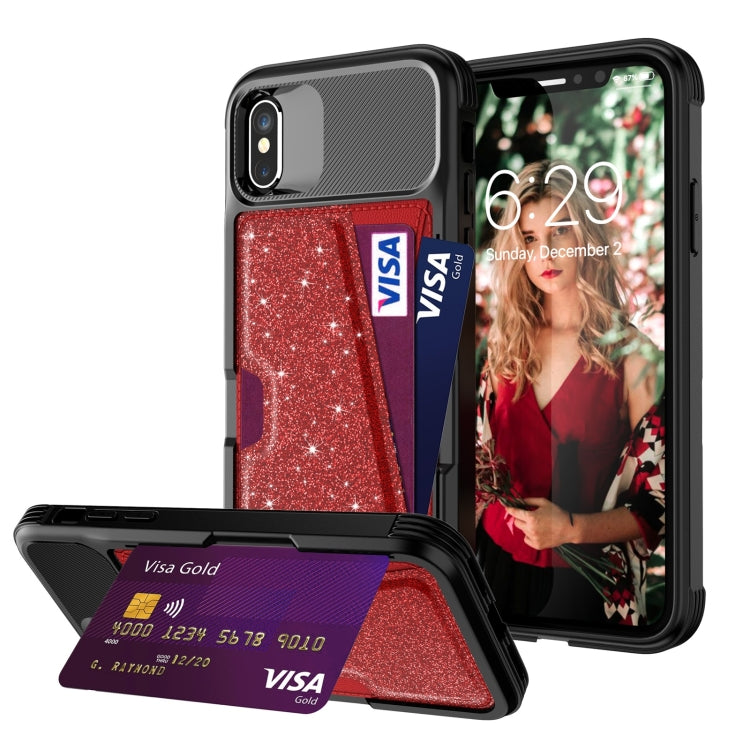 Glitter Magnetic Card Bag Leather Case, For iPhone X / XS, For iPhone XR, For iPhone XS Max, For iPhone SE 2022 / SE 2020 / 7 / 8, For iPhone 8 Plus / 7 Plus / 6 Plus