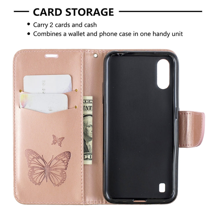 Two Butterflies Embossing Pattern Horizontal Flip Leather Case with Holder & Card Slot & Wallet & Lanyard, For Galaxy A01, For Galaxy A21
