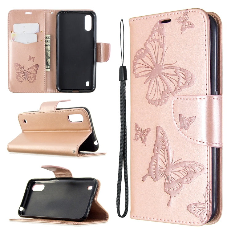 Two Butterflies Embossing Pattern Horizontal Flip Leather Case with Holder & Card Slot & Wallet & Lanyard, For Galaxy A01, For Galaxy A21