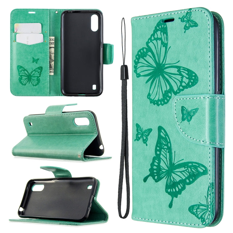 Two Butterflies Embossing Pattern Horizontal Flip Leather Case with Holder & Card Slot & Wallet & Lanyard, For Galaxy A01, For Galaxy A21