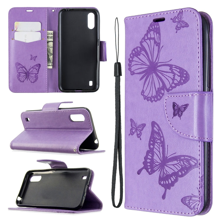 Two Butterflies Embossing Pattern Horizontal Flip Leather Case with Holder & Card Slot & Wallet & Lanyard, For Galaxy A01, For Galaxy A21