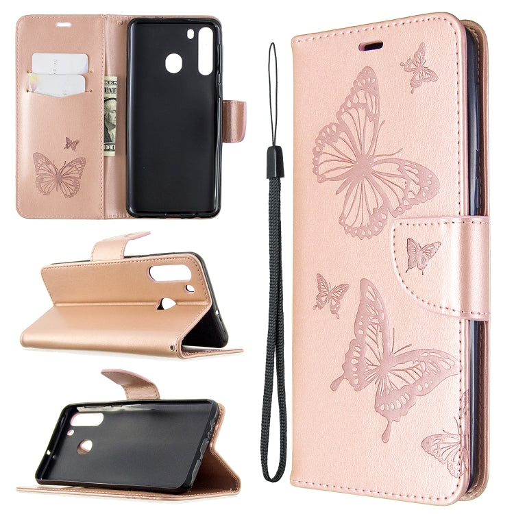 Two Butterflies Embossing Pattern Horizontal Flip Leather Case with Holder & Card Slot & Wallet & Lanyard, For Galaxy A01, For Galaxy A21