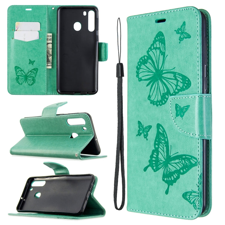 Two Butterflies Embossing Pattern Horizontal Flip Leather Case with Holder & Card Slot & Wallet & Lanyard, For Galaxy A01, For Galaxy A21