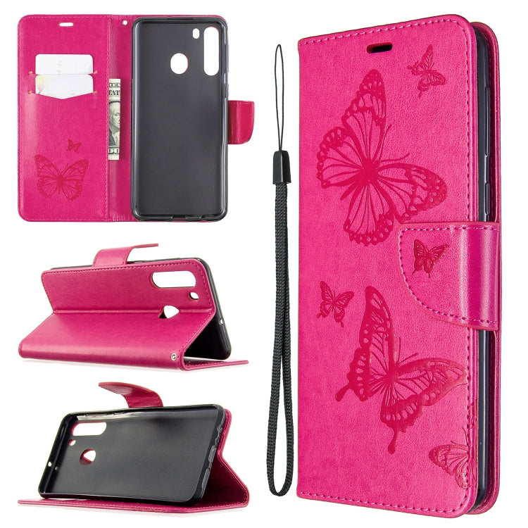 Two Butterflies Embossing Pattern Horizontal Flip Leather Case with Holder & Card Slot & Wallet & Lanyard, For Galaxy A01, For Galaxy A21