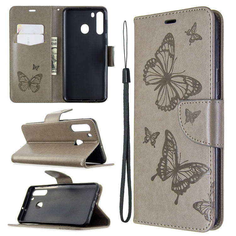 Two Butterflies Embossing Pattern Horizontal Flip Leather Case with Holder & Card Slot & Wallet & Lanyard, For Galaxy A01, For Galaxy A21