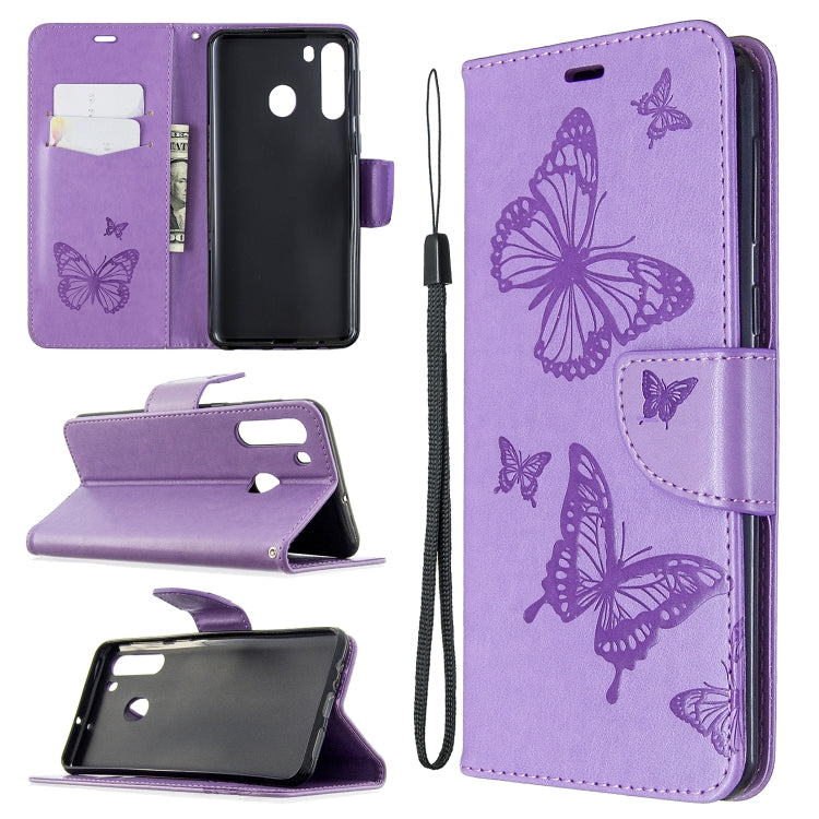 Two Butterflies Embossing Pattern Horizontal Flip Leather Case with Holder & Card Slot & Wallet & Lanyard, For Galaxy A01, For Galaxy A21