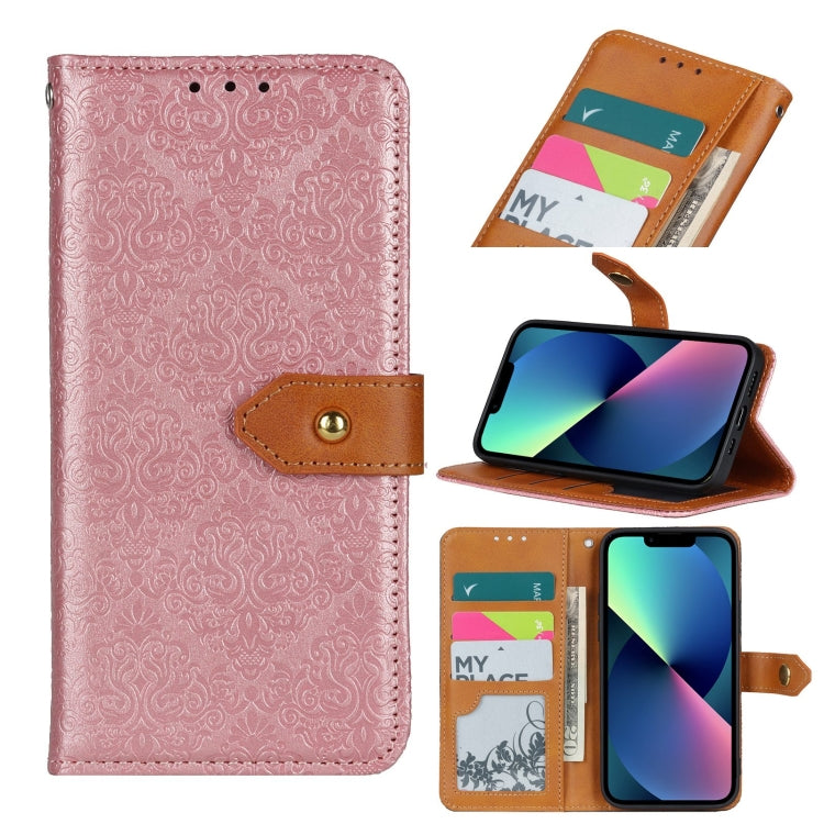 European Floral Embossed Copper Buckle Horizontal Flip PU Leather Phone Case, For iPhone 14, For iPhone 14 Plus, For iPhone 14 Pro, For iPhone 14 Pro Max