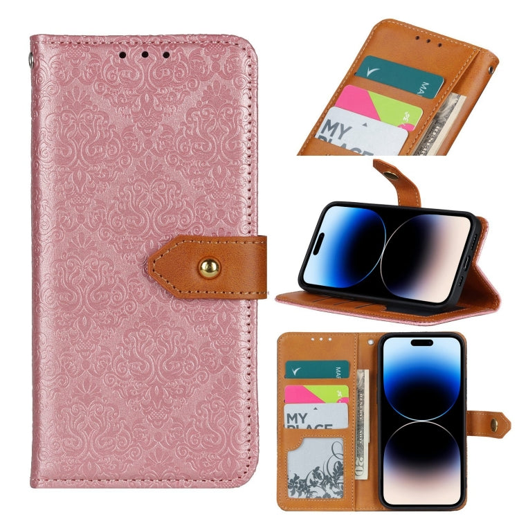 European Floral Embossed Copper Buckle Horizontal Flip PU Leather Phone Case, For iPhone 14, For iPhone 14 Plus, For iPhone 14 Pro, For iPhone 14 Pro Max