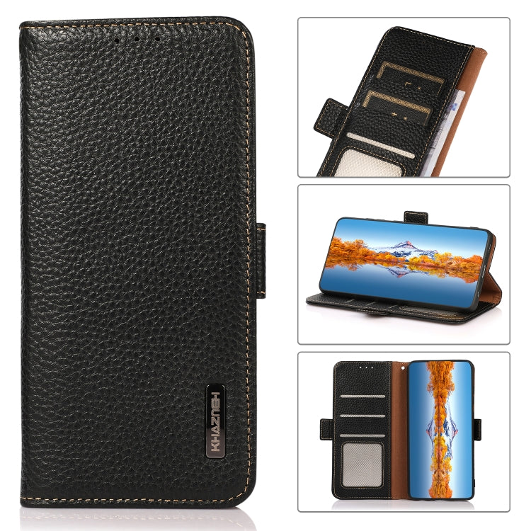 KHAZNEH Side-Magnetic Litchi Genuine Leather RFID Phone Case, For Xiaomi Redmi Note 11T Pro