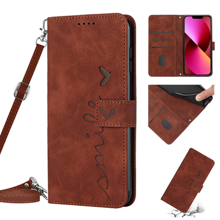 Skin Feel Heart Pattern Leather Phone Case With Lanyard