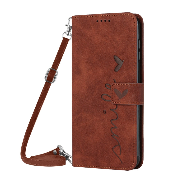 Skin Feel Heart Pattern Leather Phone Case With Lanyard