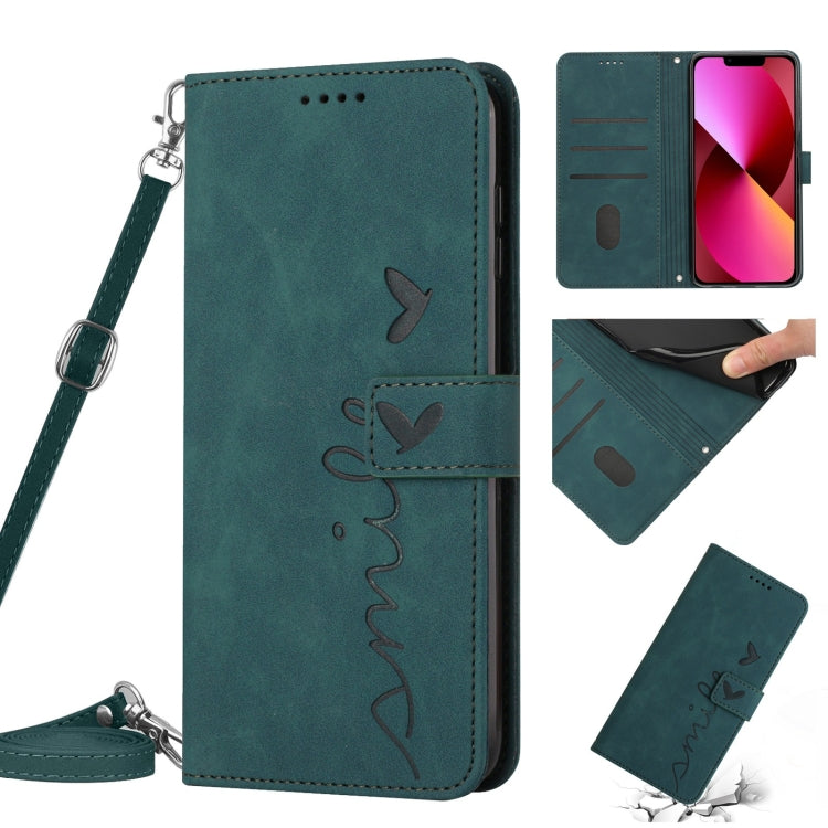 Skin Feel Heart Pattern Leather Phone Case With Lanyard