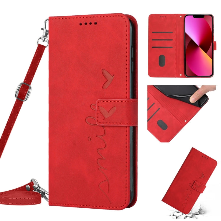 Skin Feel Heart Pattern Leather Phone Case With Lanyard