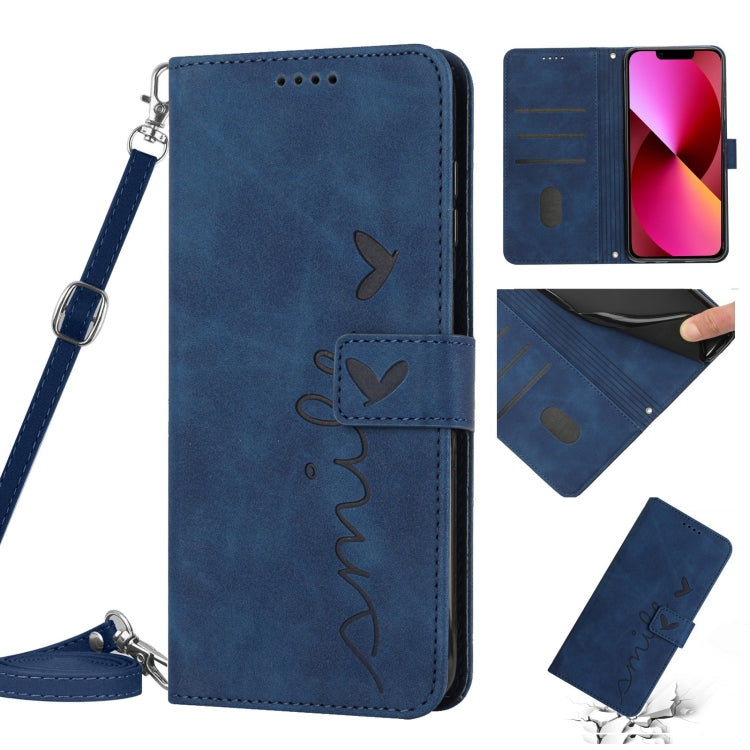 Skin Feel Heart Pattern Leather Phone Case With Lanyard