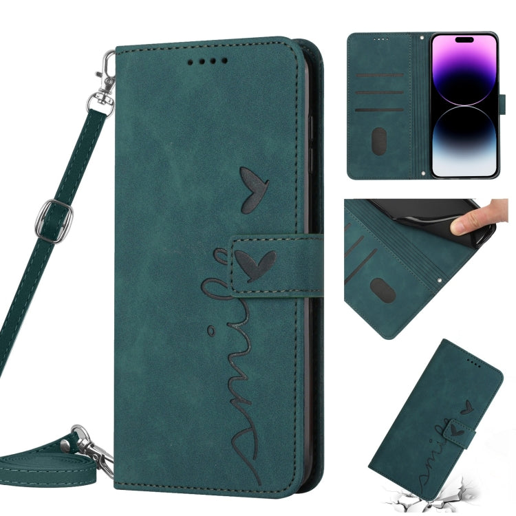 Skin Feel Heart Pattern Leather Phone Case With Lanyard