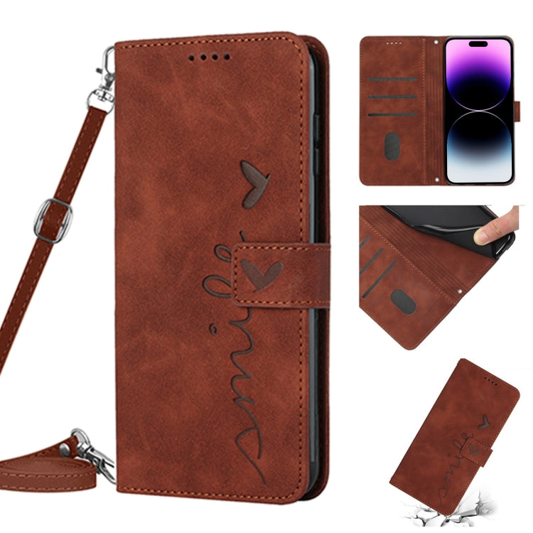 Skin Feel Heart Pattern Leather Phone Case With Lanyard