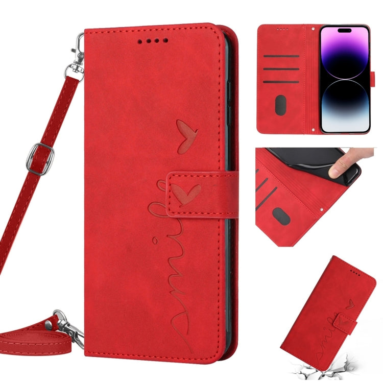 Skin Feel Heart Pattern Leather Phone Case With Lanyard