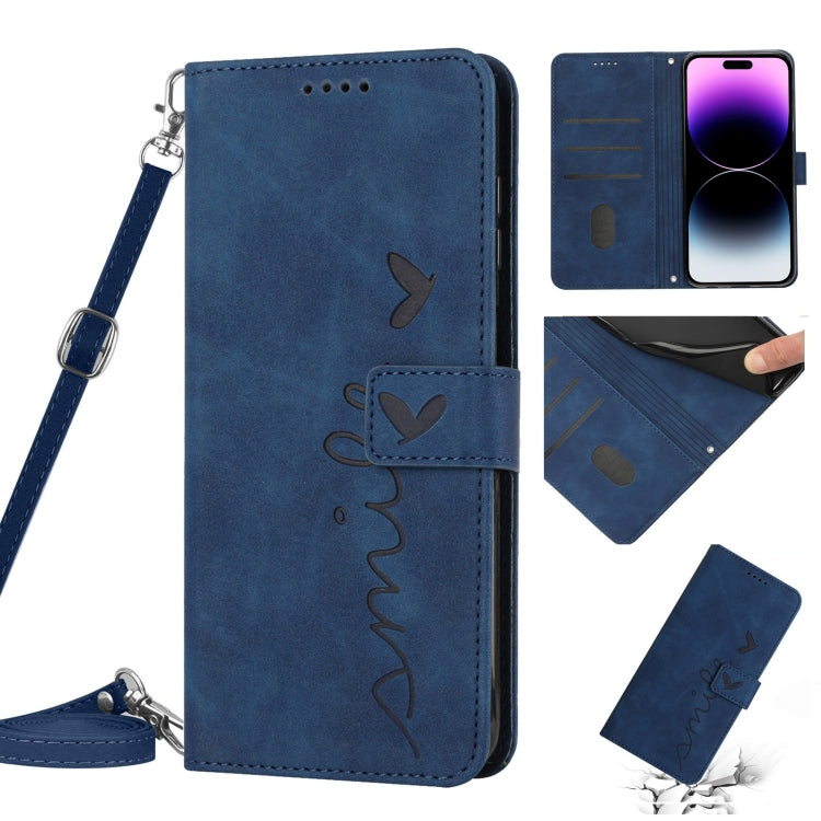 Skin Feel Heart Pattern Leather Phone Case With Lanyard