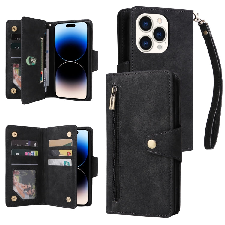 Rivet Buckle 9 Cards Three Fold Leather Phone Case
