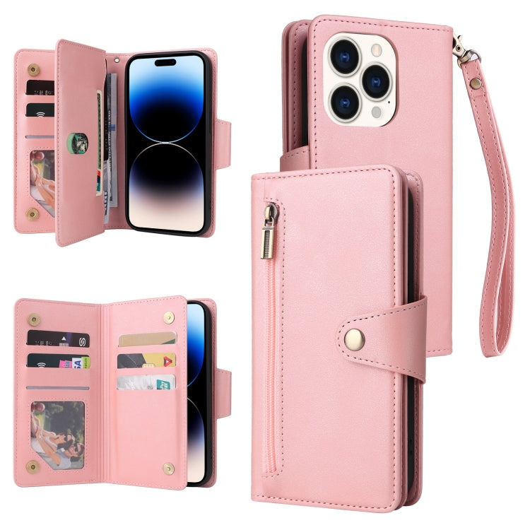 Rivet Buckle 9 Cards Three Fold Leather Phone Case