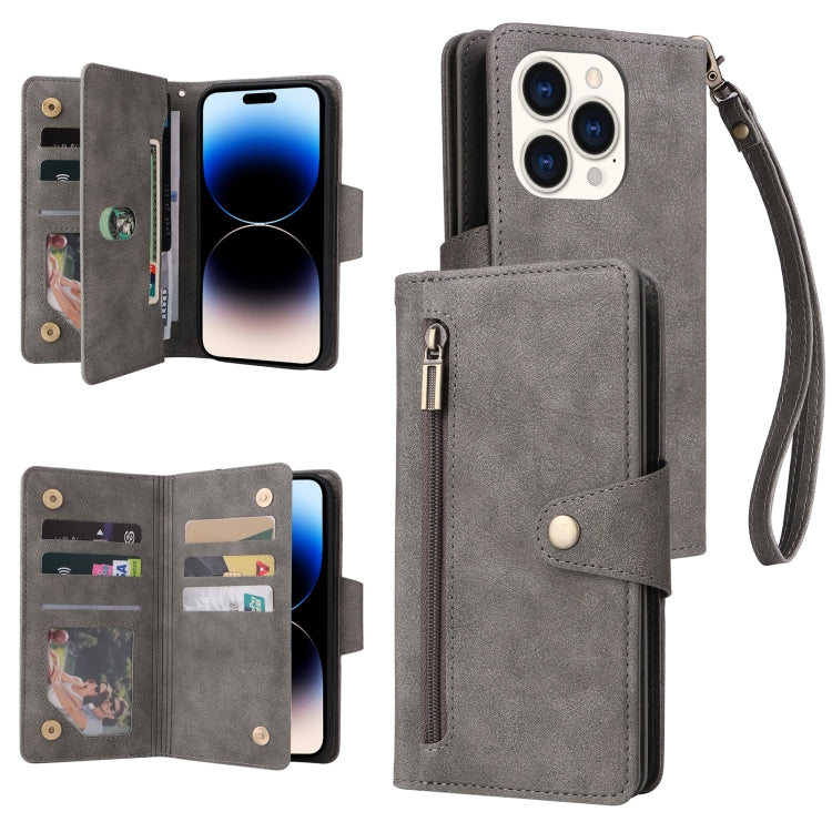 Rivet Buckle 9 Cards Three Fold Leather Phone Case