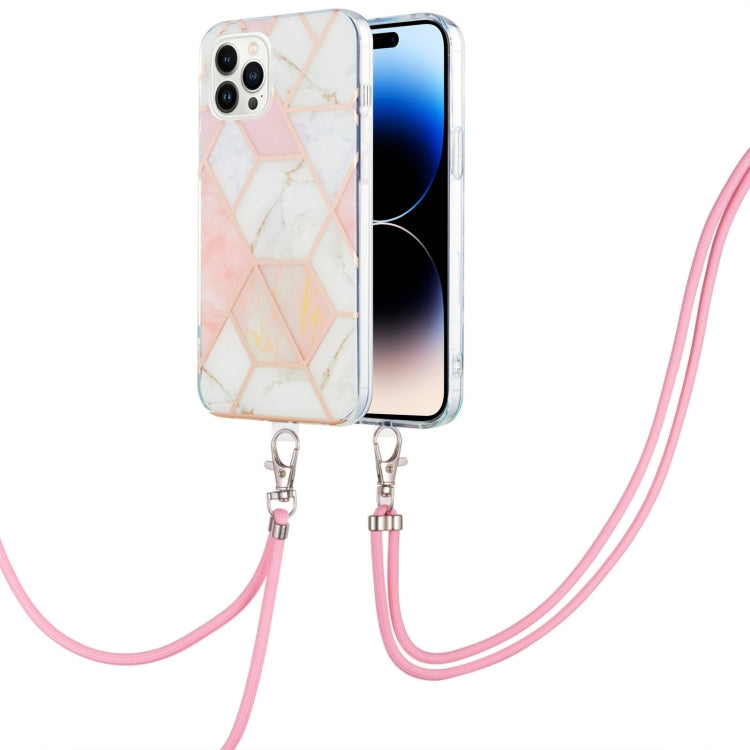 Electroplating Splicing Marble Pattern Dual-side IMD TPU Shockproof Case with Neck Lanyard, For iPhone 14, For iPhone 14 Plus, For iPhone 14 Pro, For iPhone 14 Pro Max