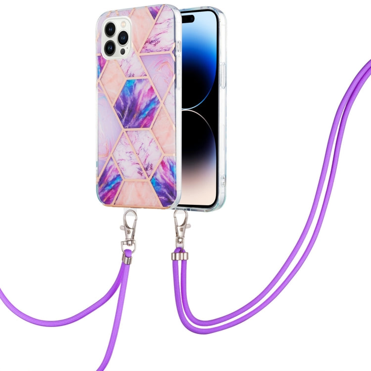 Electroplating Splicing Marble Pattern Dual-side IMD TPU Shockproof Case with Neck Lanyard, For iPhone 14, For iPhone 14 Plus, For iPhone 14 Pro, For iPhone 14 Pro Max