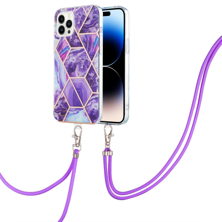 Electroplating Splicing Marble Pattern Dual-side IMD TPU Shockproof Case with Neck Lanyard, For iPhone 14, For iPhone 14 Plus, For iPhone 14 Pro, For iPhone 14 Pro Max