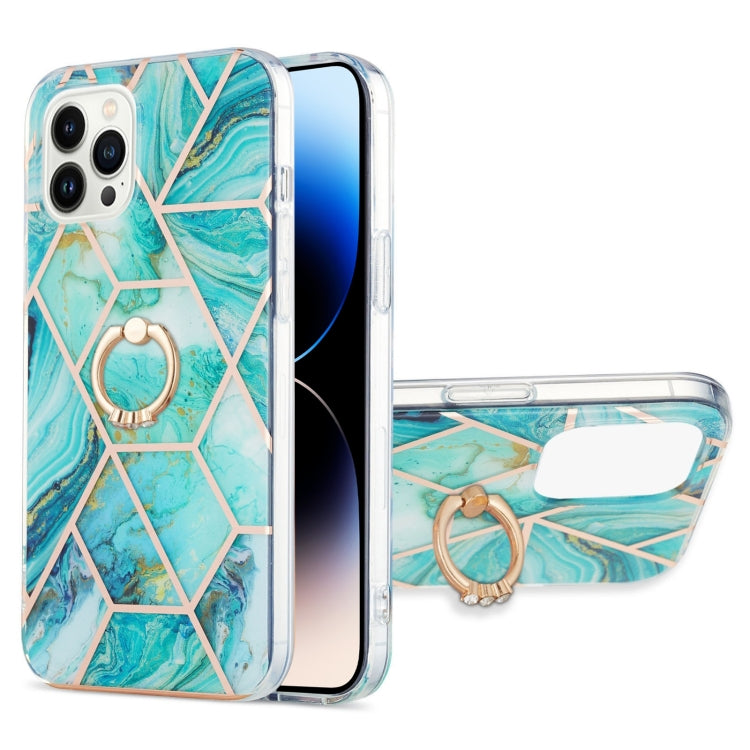 Electroplating Splicing Marble Pattern Dual-side IMD TPU Shockproof Case with Ring Holder, For iPhone 14, For iPhone 14 Plus, For iPhone 14 Pro, For iPhone 14 Pro Max