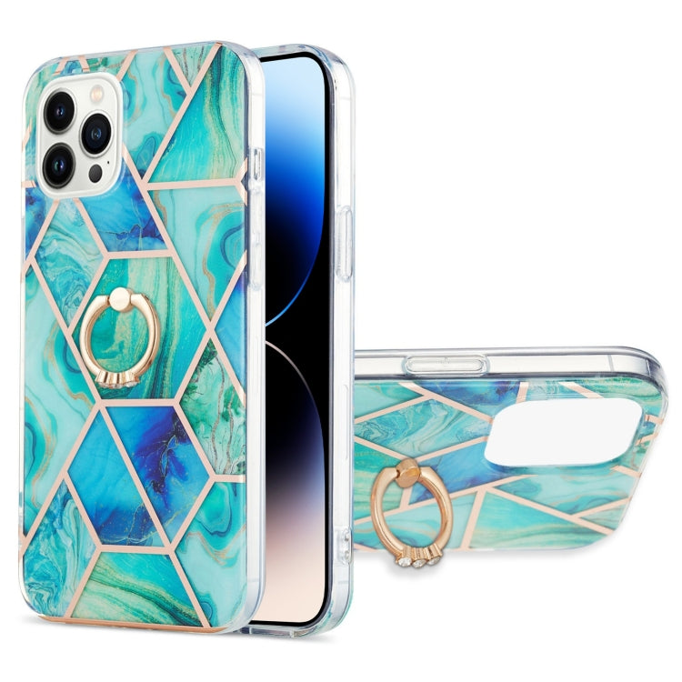 Electroplating Splicing Marble Pattern Dual-side IMD TPU Shockproof Case with Ring Holder, For iPhone 14, For iPhone 14 Plus, For iPhone 14 Pro, For iPhone 14 Pro Max