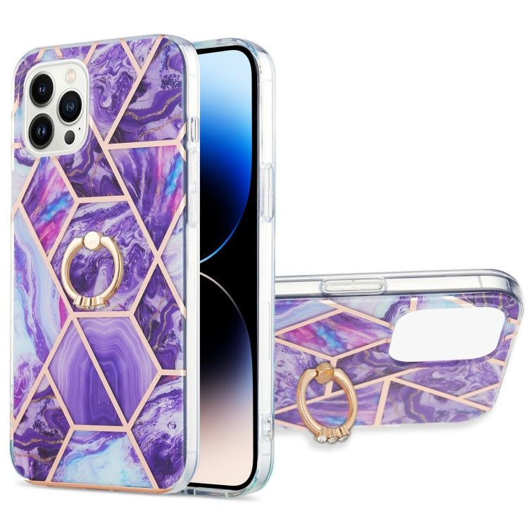 Electroplating Splicing Marble Pattern Dual-side IMD TPU Shockproof Case with Ring Holder, For iPhone 14, For iPhone 14 Plus, For iPhone 14 Pro, For iPhone 14 Pro Max