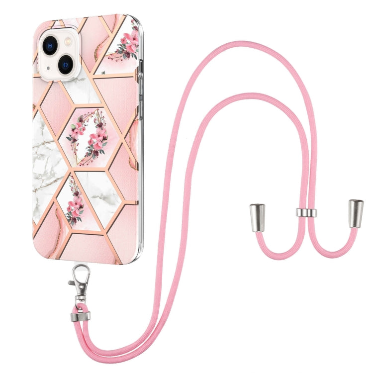 Electroplating Splicing Marble Flower Pattern TPU Shockproof Case with Lanyard, For iPhone 14, For iPhone 14 Plus, For iPhone 14 Pro, For iPhone 14 Pro Max