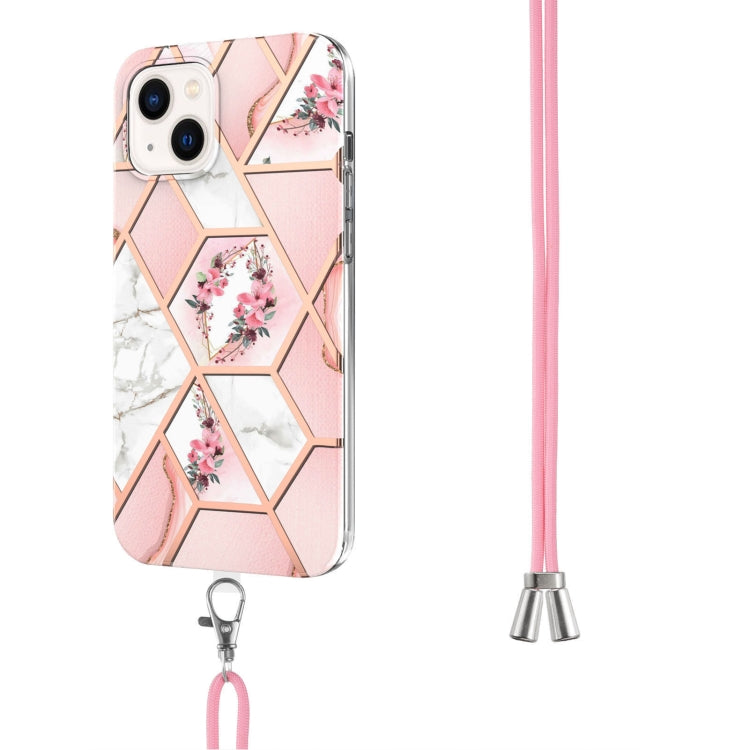 Electroplating Splicing Marble Flower Pattern TPU Shockproof Case with Lanyard, For iPhone 14, For iPhone 14 Plus, For iPhone 14 Pro, For iPhone 14 Pro Max