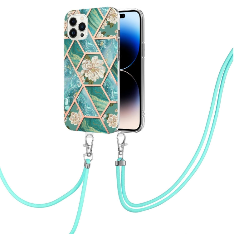 Electroplating Splicing Marble Flower Pattern TPU Shockproof Case with Lanyard, For iPhone 14, For iPhone 14 Plus, For iPhone 14 Pro, For iPhone 14 Pro Max